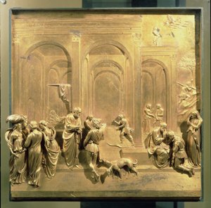 洗礼堂の東の扉のオリジナルパネル、ジェイコブとエサウの物語、1425-52年（金色のブロンズ）（復元後）